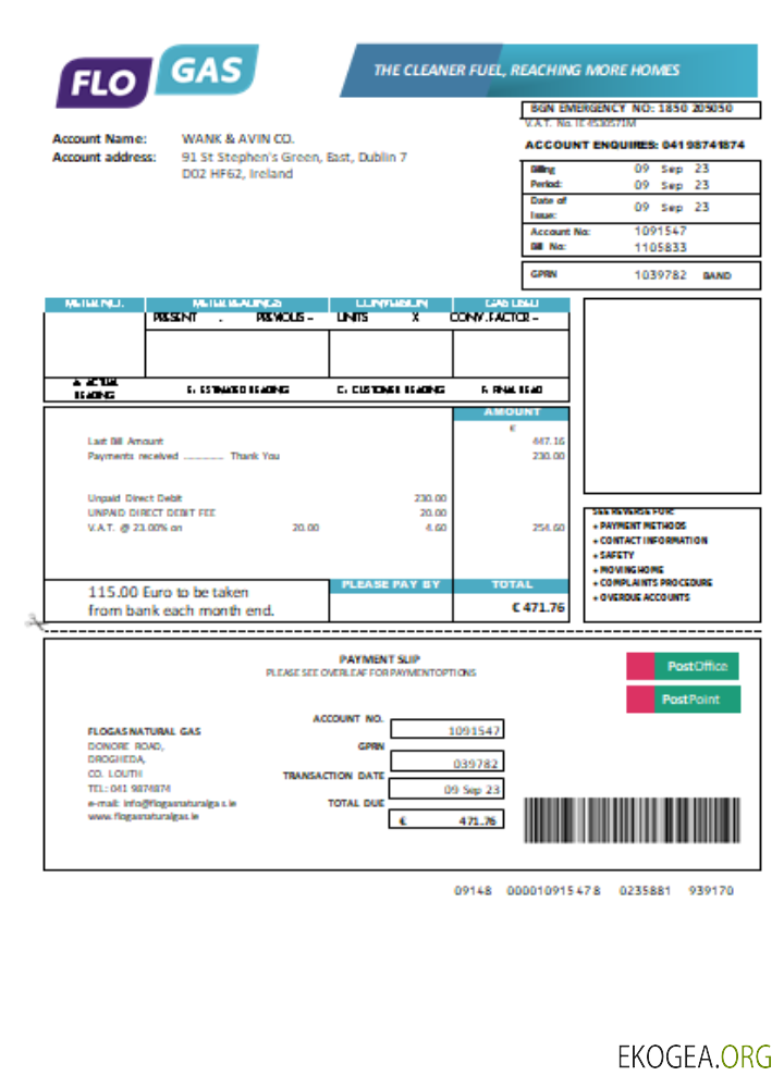 Facture commerciale du service public de gaz naturel Flogas SCR